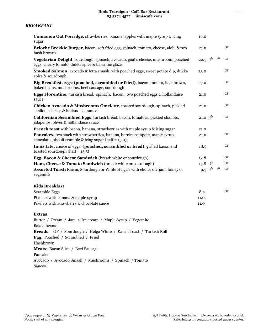 Menu, Iimis Traralgon - Cafe Restaurant & Cocktail Bar
