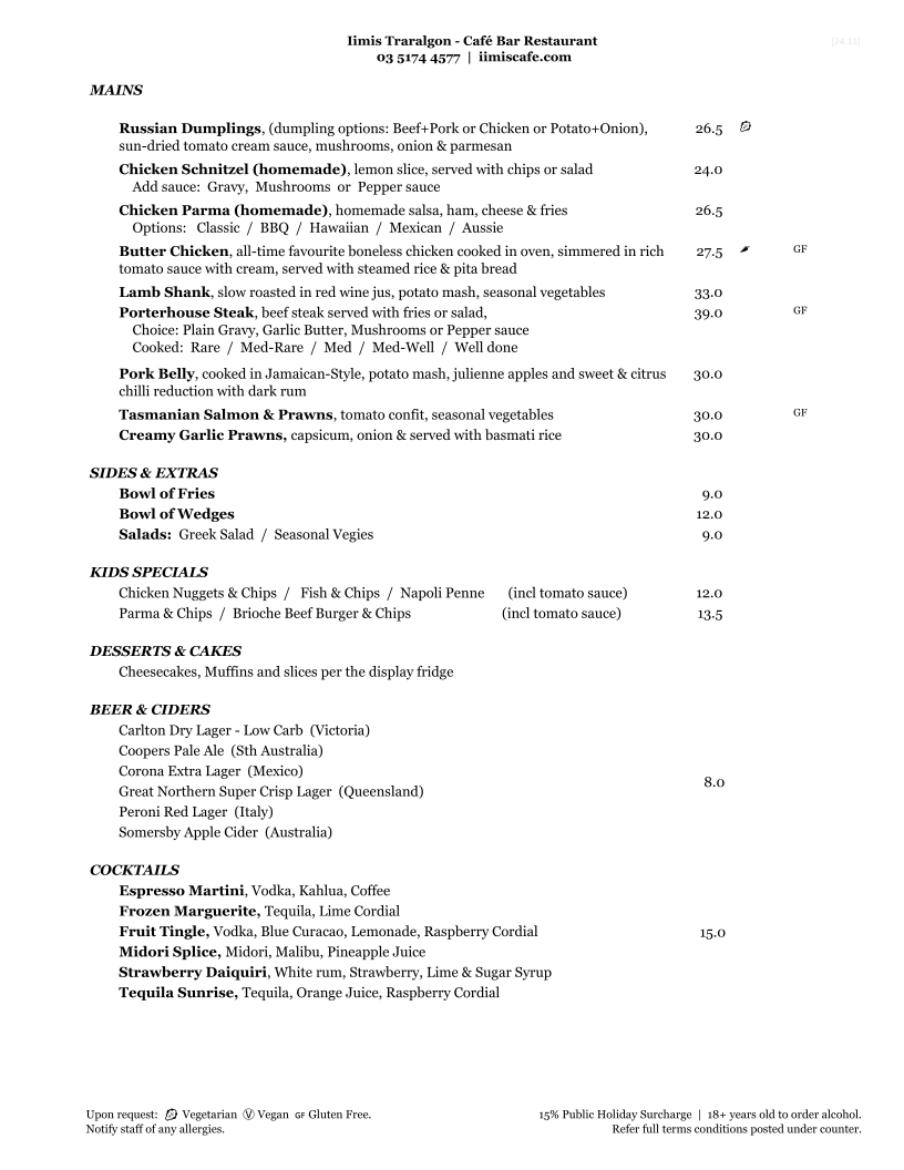 Menu, Iimis Traralgon - Cafe Restaurant & Cocktail Bar