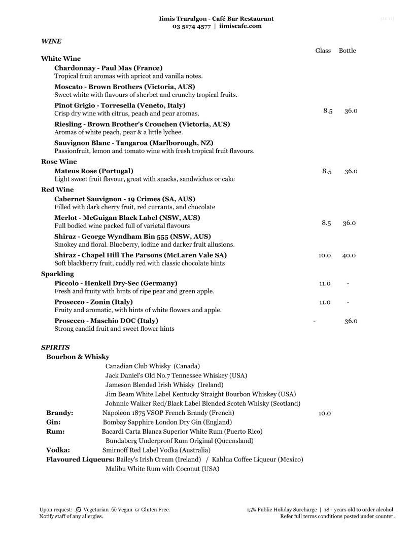 Menu, Iimis Traralgon - Cafe Restaurant & Cocktail Bar