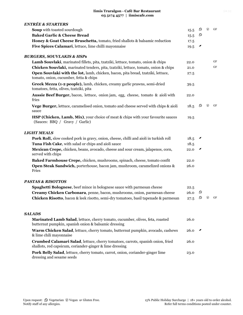 Menu, Iimis Traralgon - Cafe Restaurant & Cocktail Bar