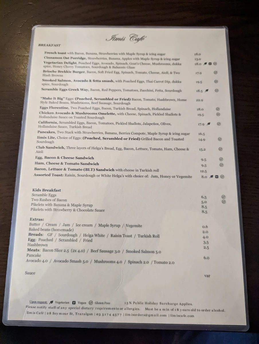 Menu, Iimis Traralgon - Cafe Restaurant & Cocktail Bar