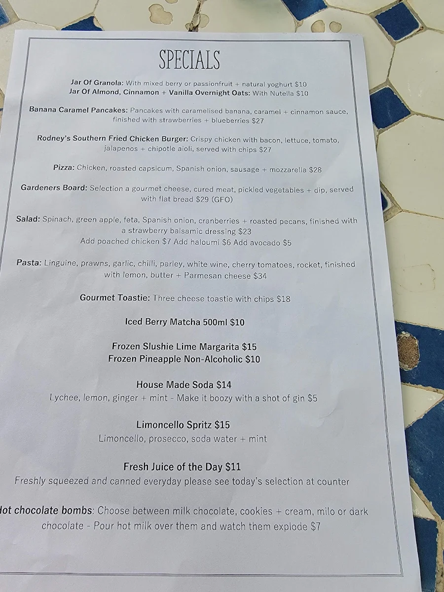 Menu, Rodney’s Garden Café