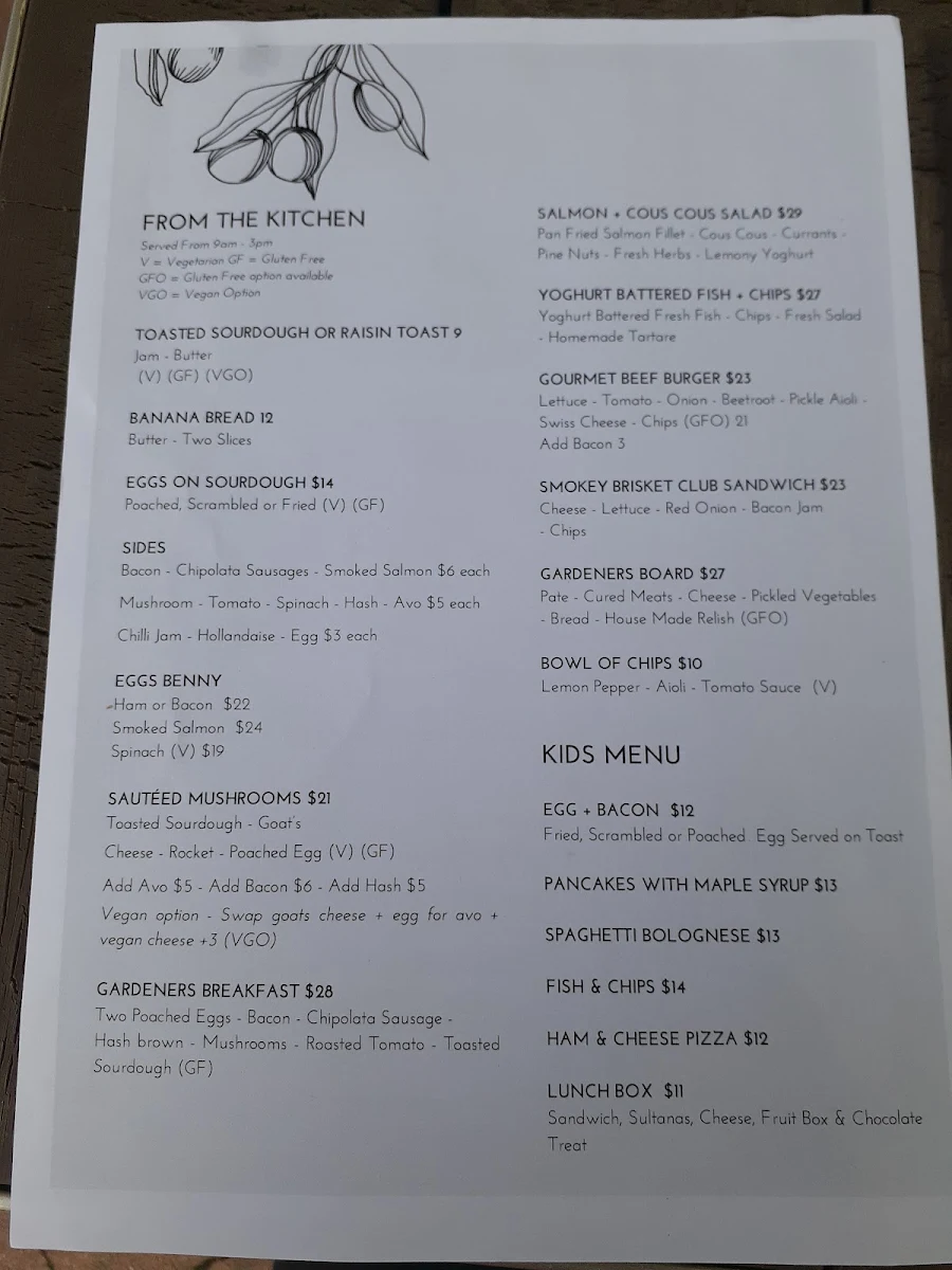Menu, Rodney’s Garden Café
