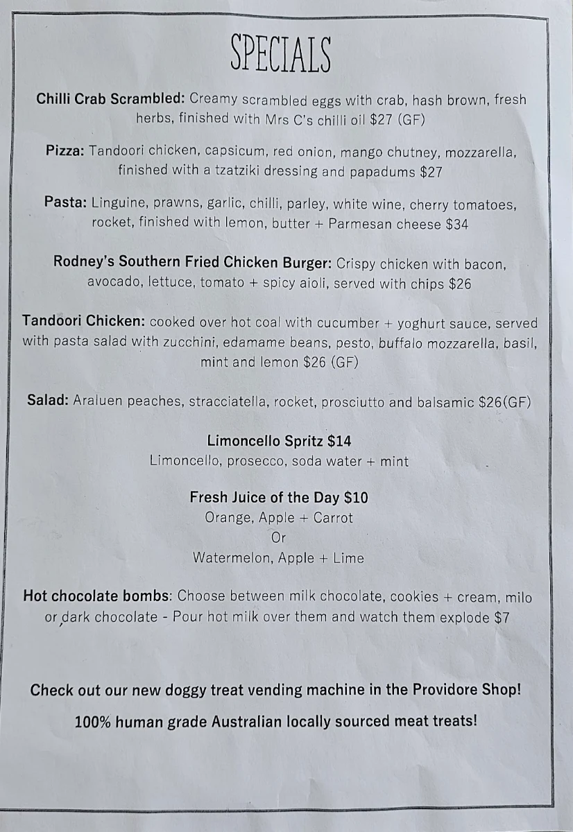 Menu, Rodney’s Garden Café