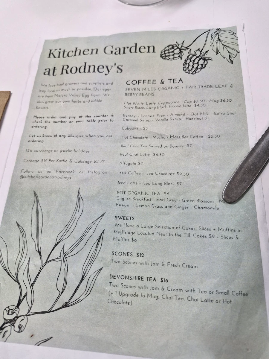 Menu, Rodney’s Garden Café
