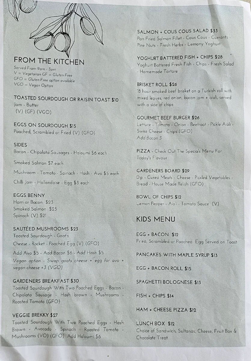 Menu, Rodney’s Garden Café