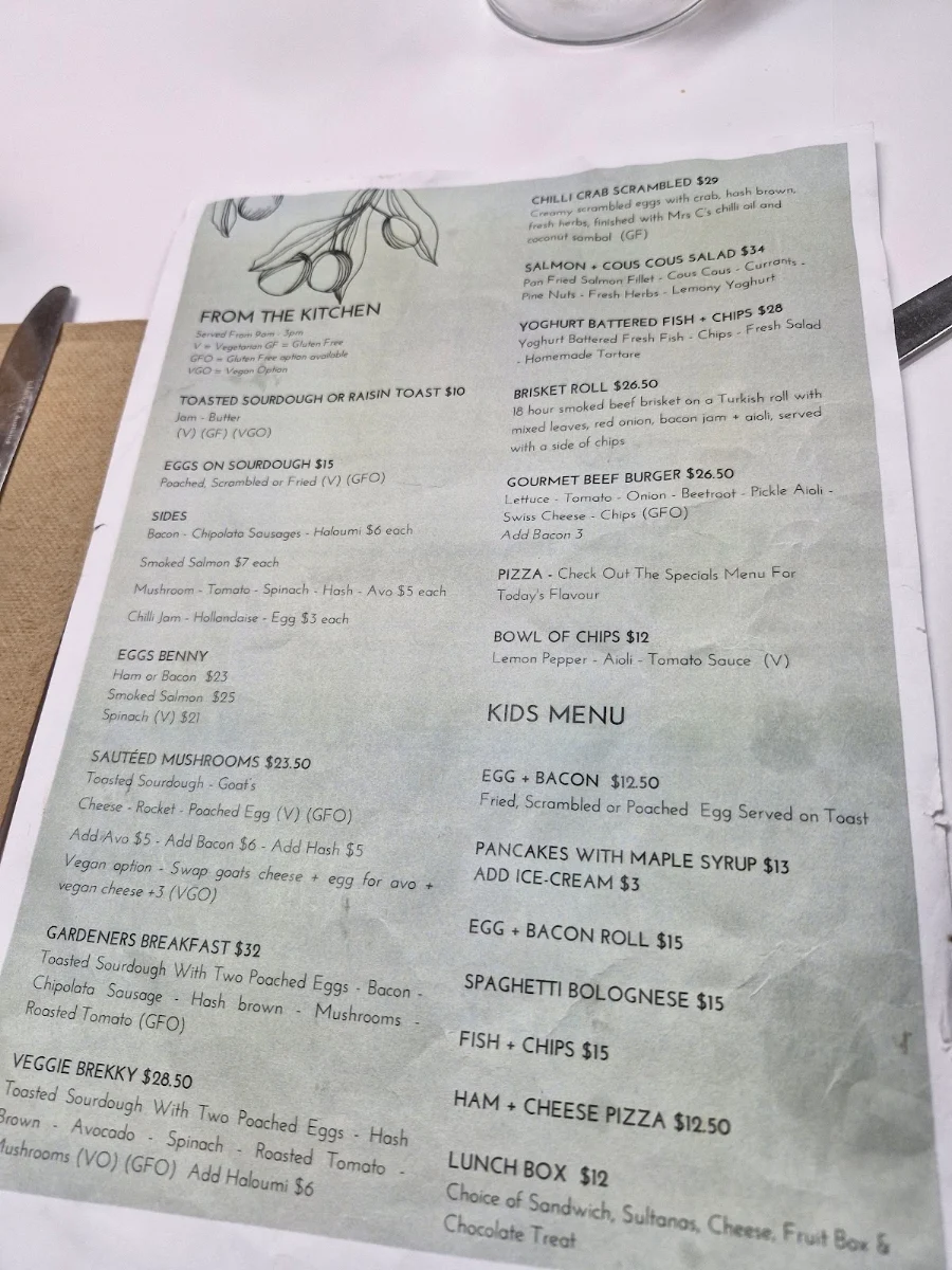 Menu, Rodney’s Garden Café
