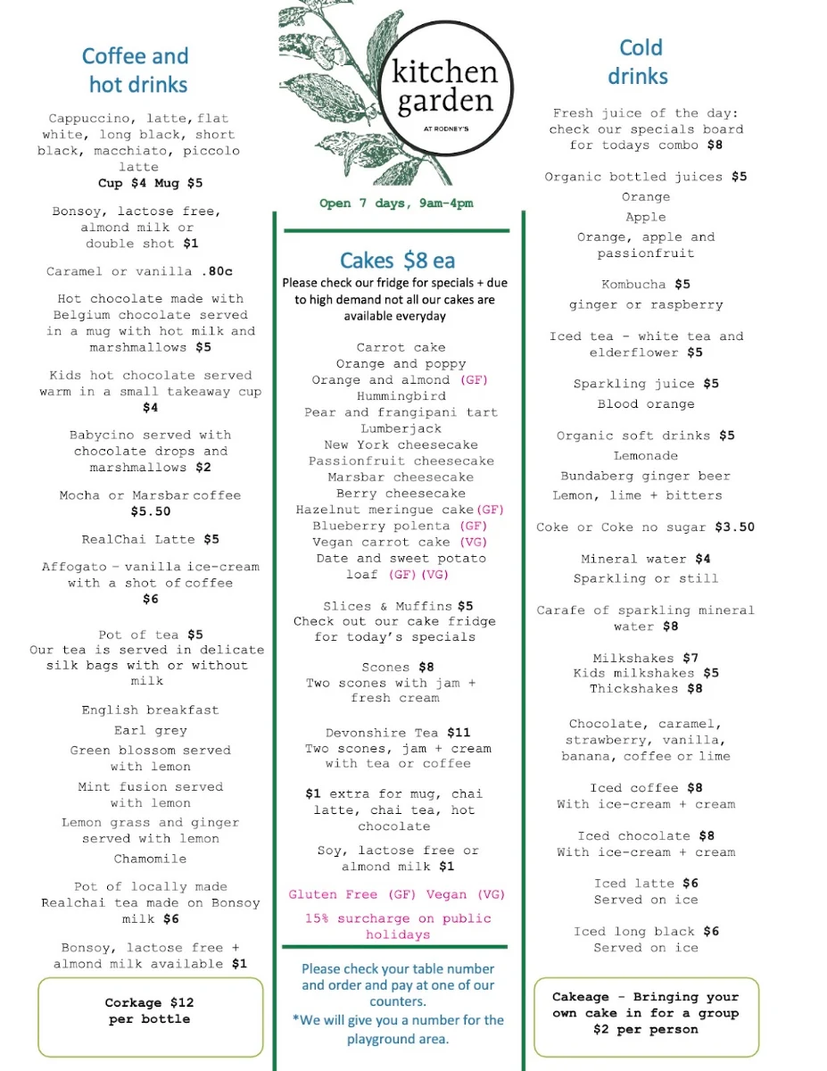 Menu, Rodney’s Garden Café