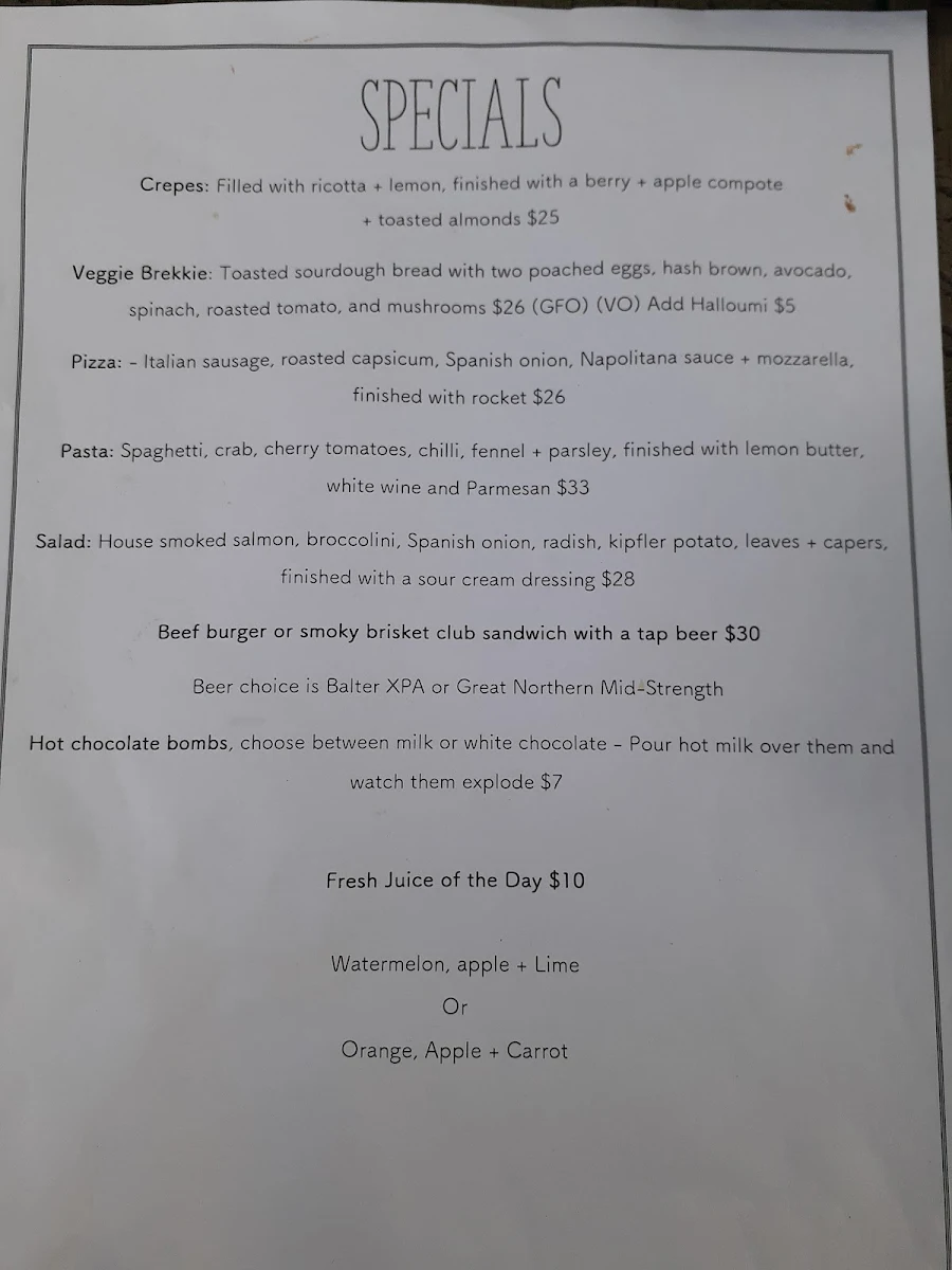 Menu, Rodney’s Garden Café