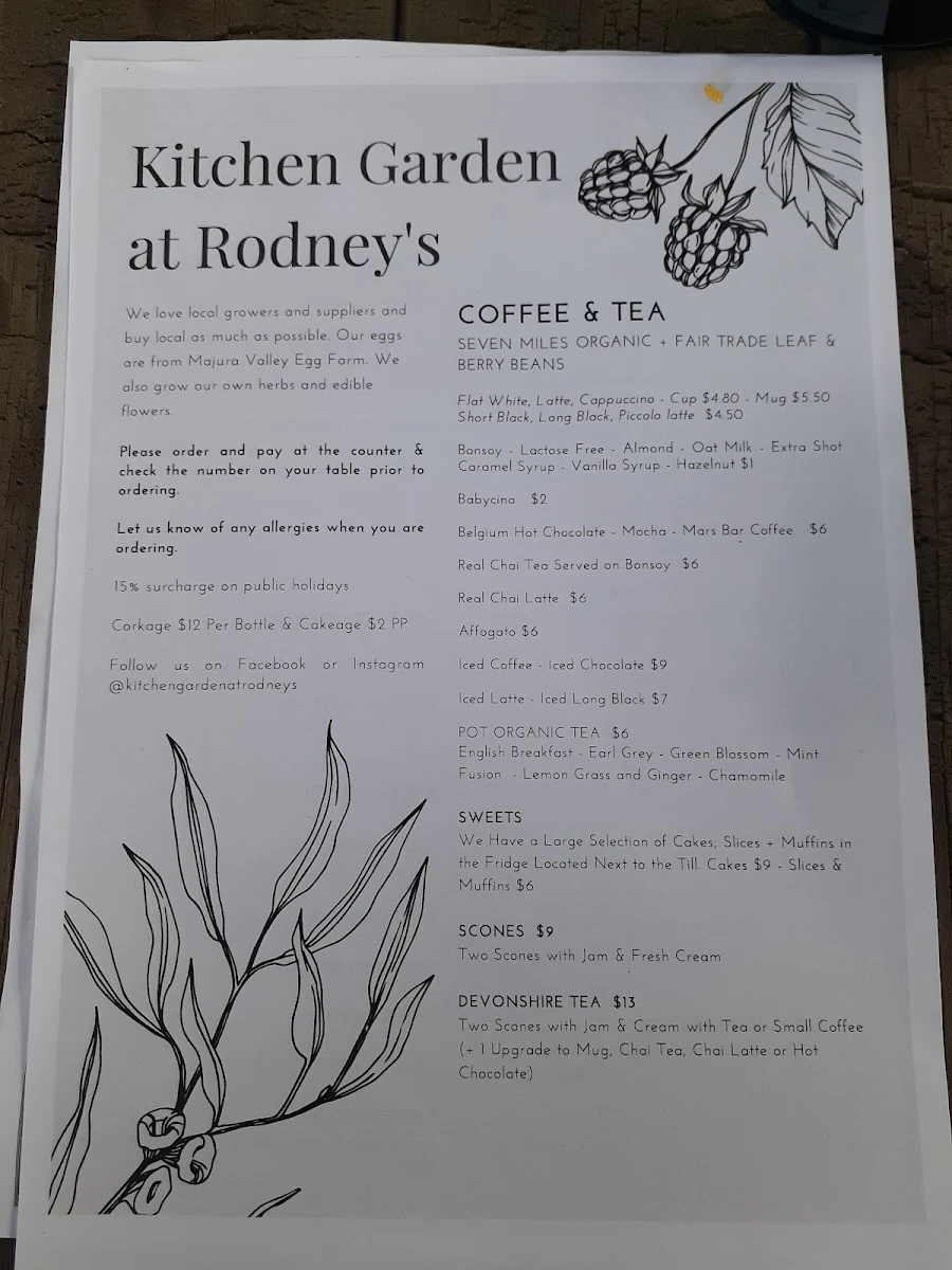 Menu, Rodney’s Garden Café