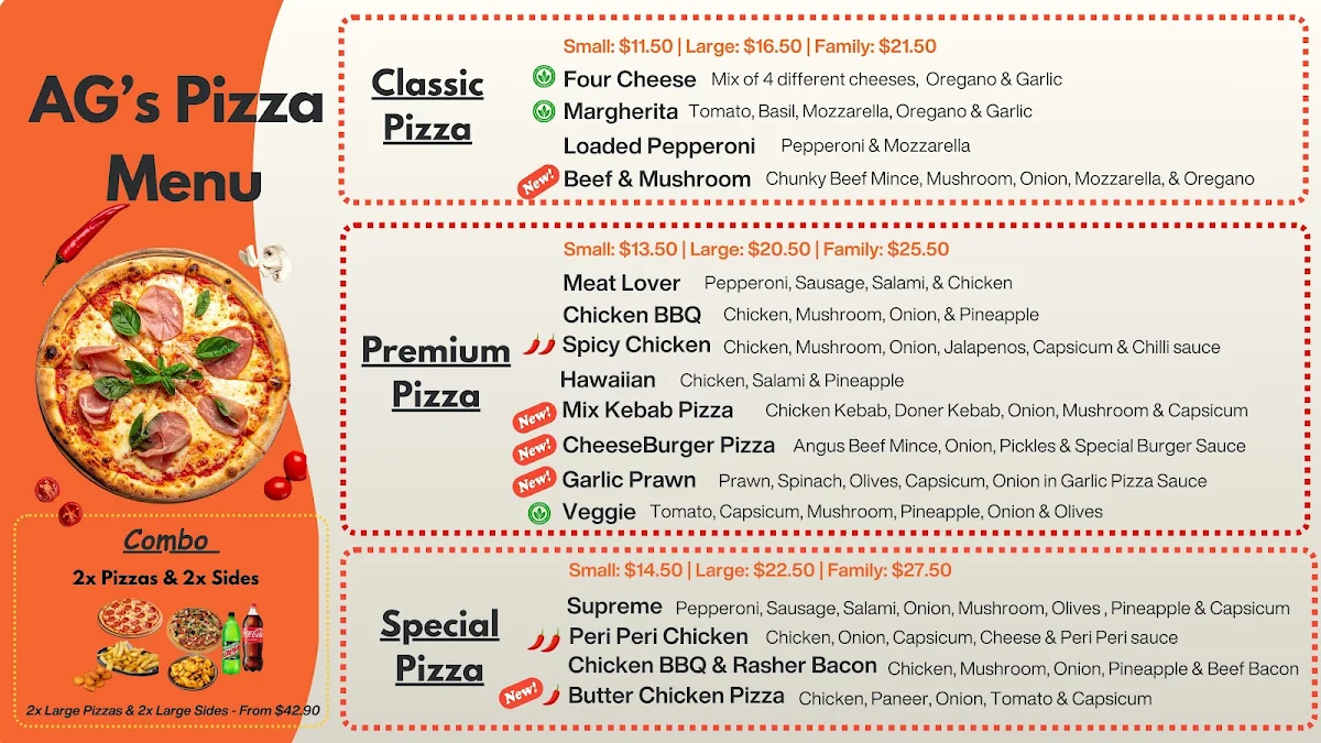 Menu, AG's Kebab & Pizza