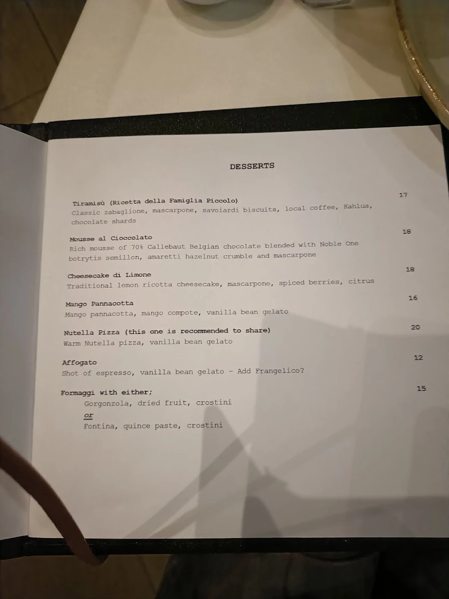 Menu, Piccolo Cucina