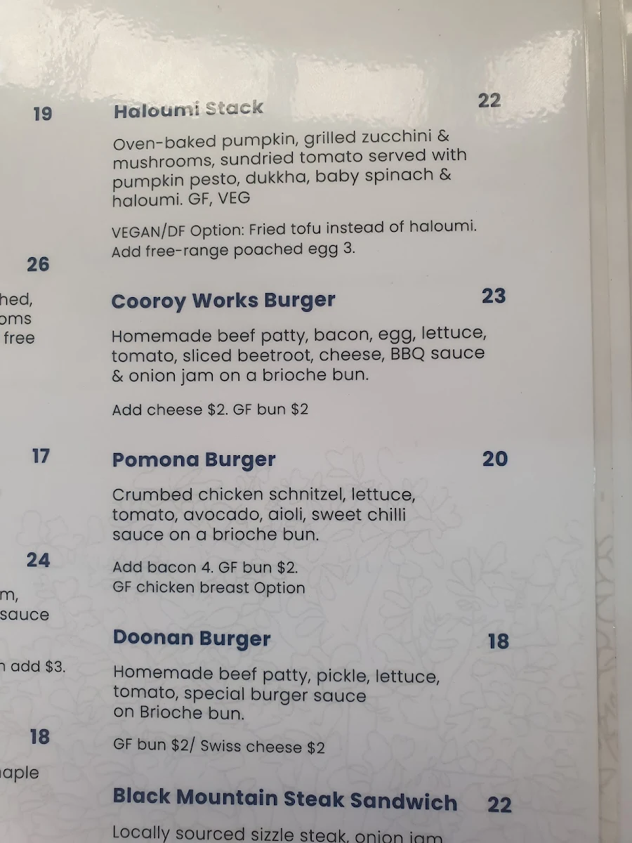Menu, Cafe Doonan