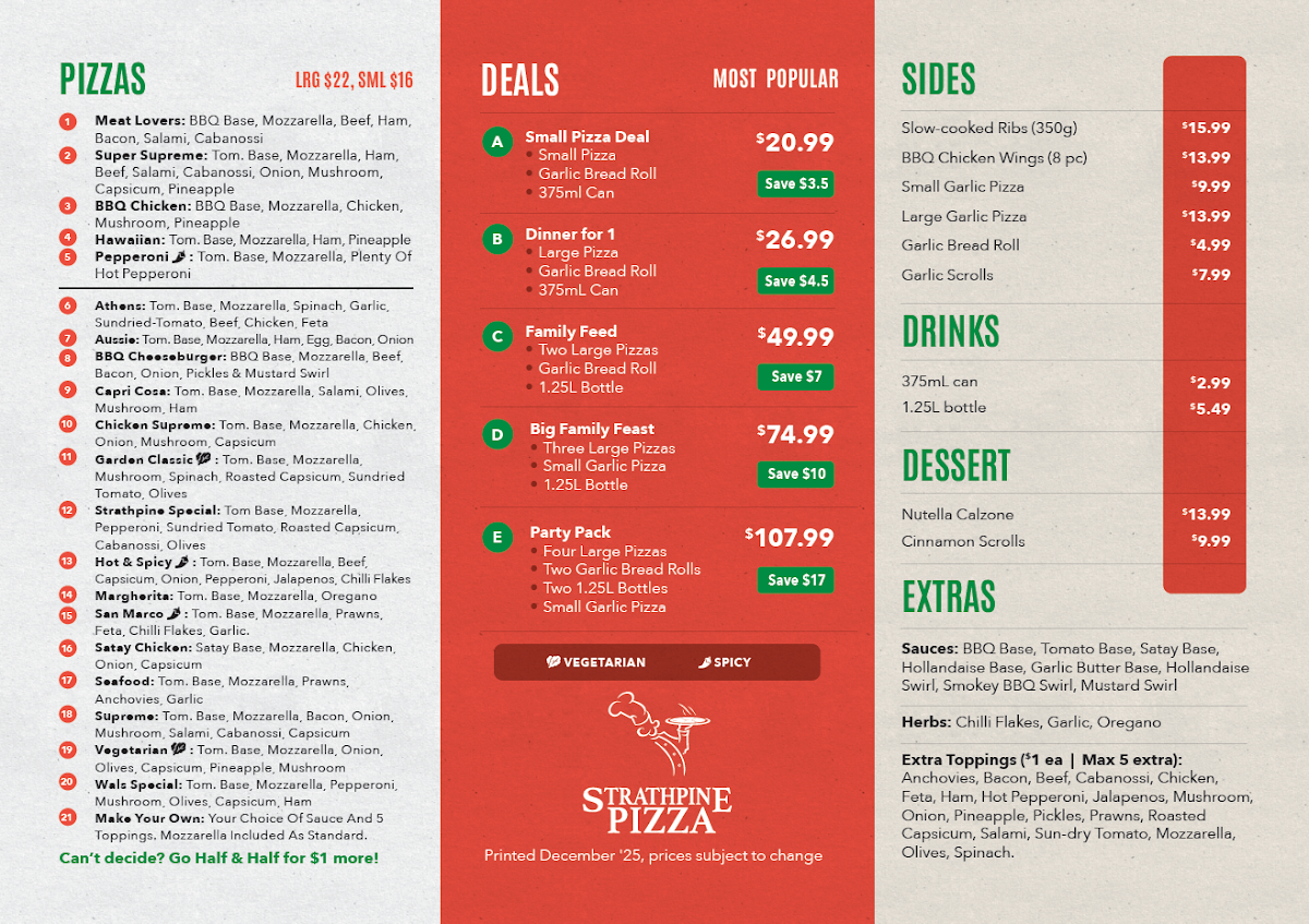 Menu, Strathpine Pizza