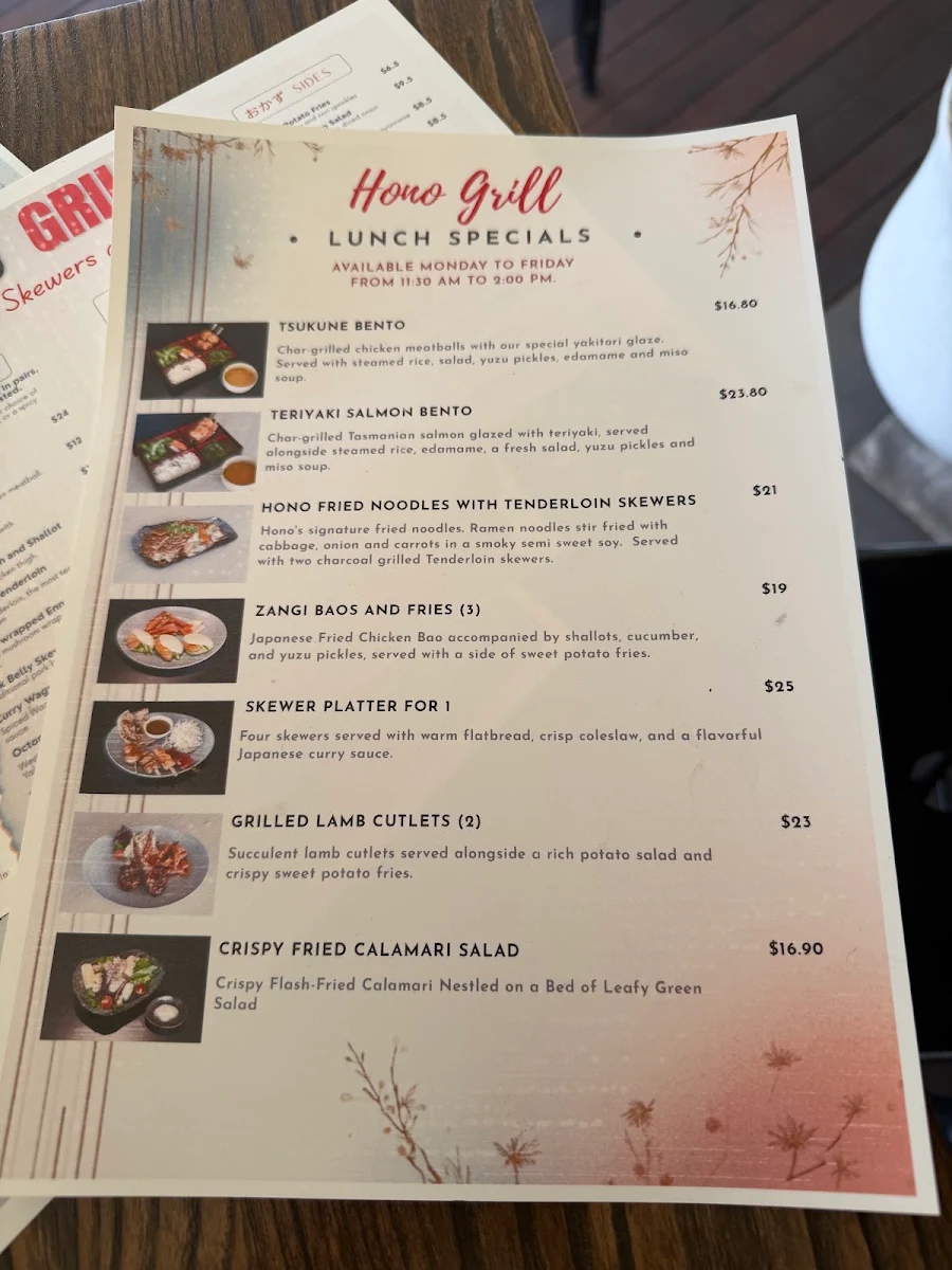 Menu, Hono Grill