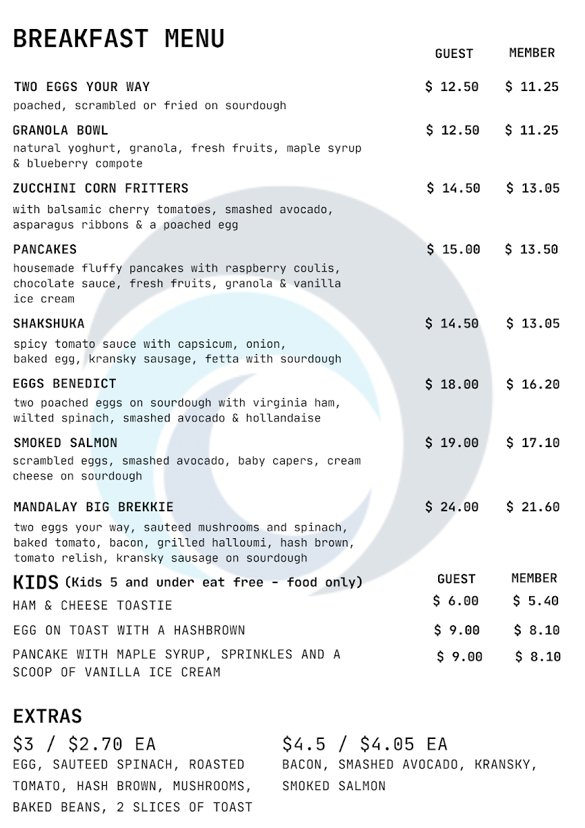 Menu, Club Mandalay