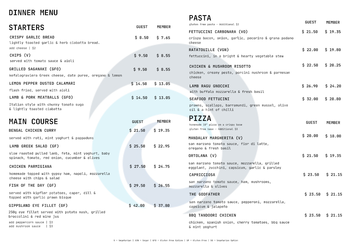 Menu, Club Mandalay
