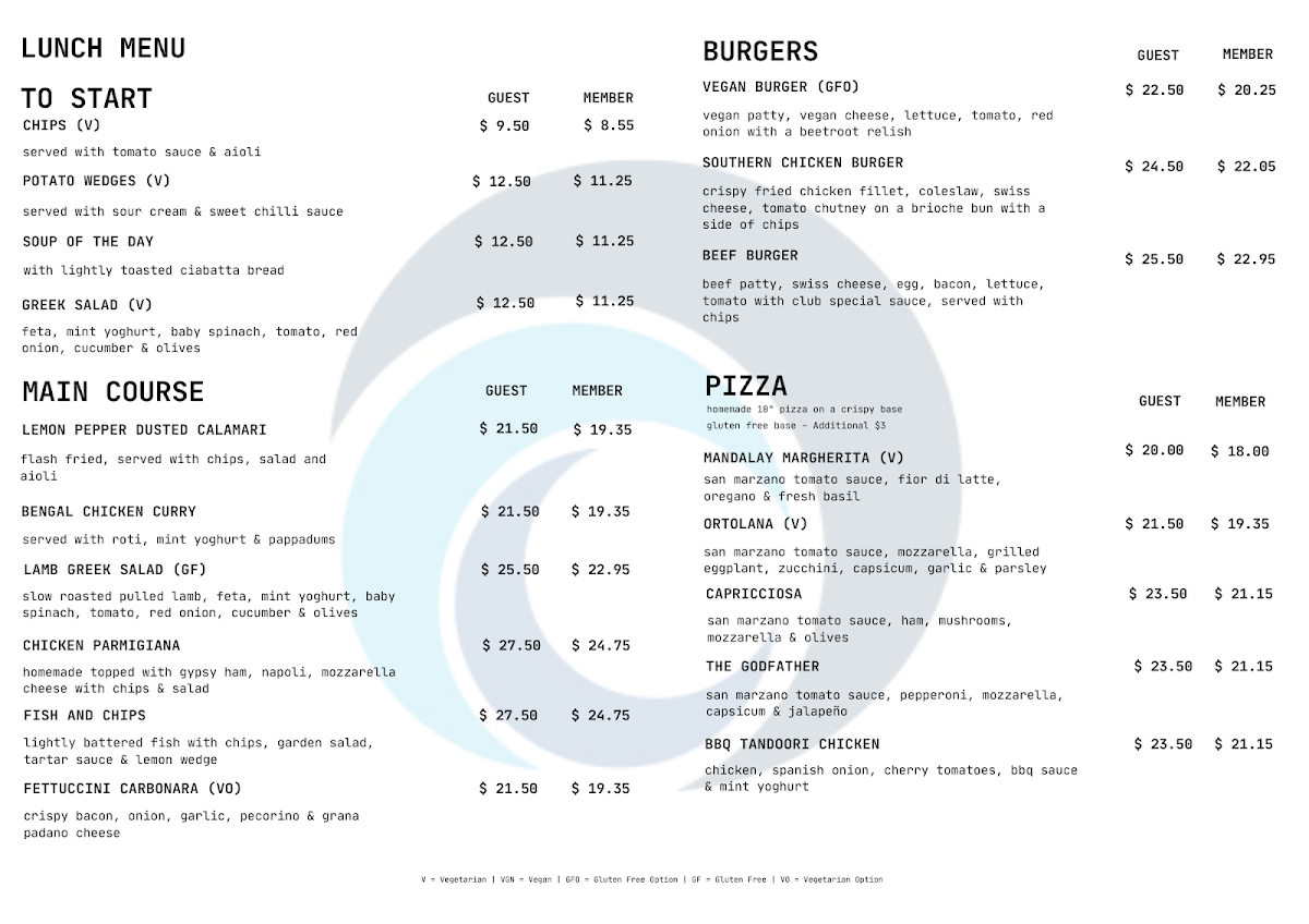 Menu, Club Mandalay