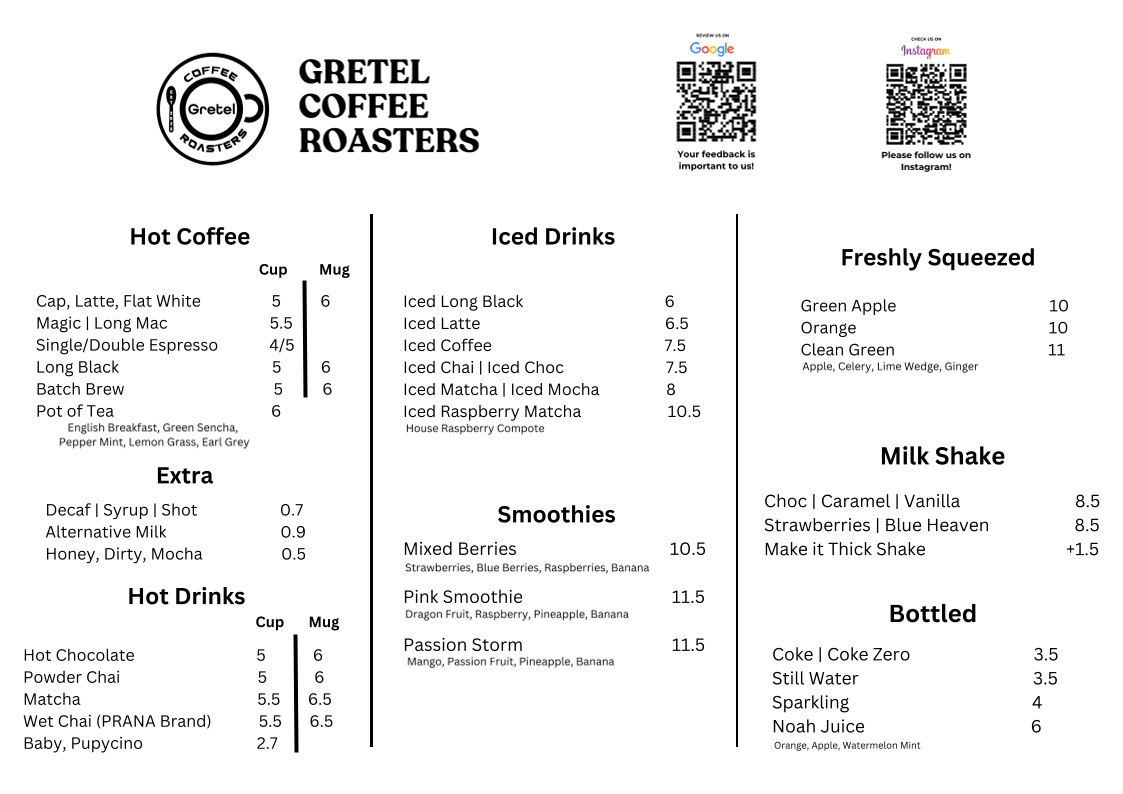 Menu, Gretel Coffee Roasters
