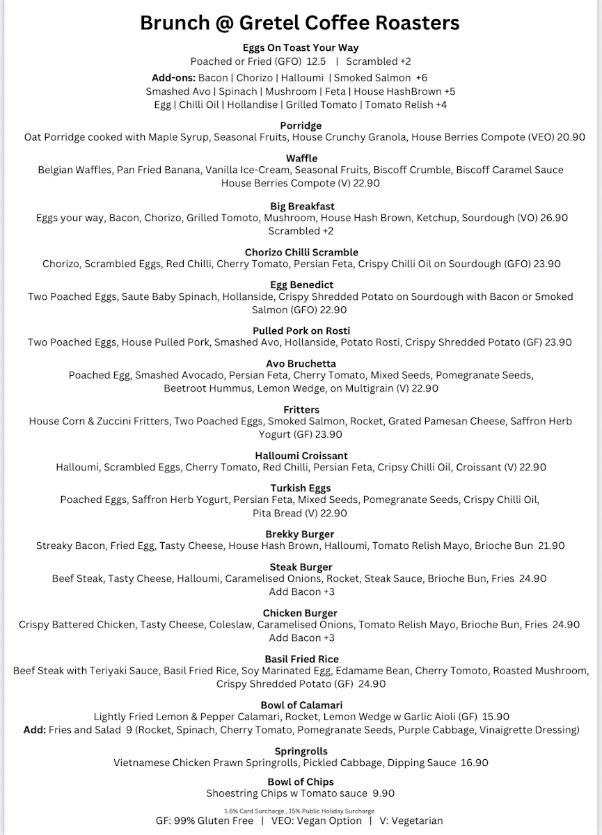 Menu, Gretel Coffee Roasters