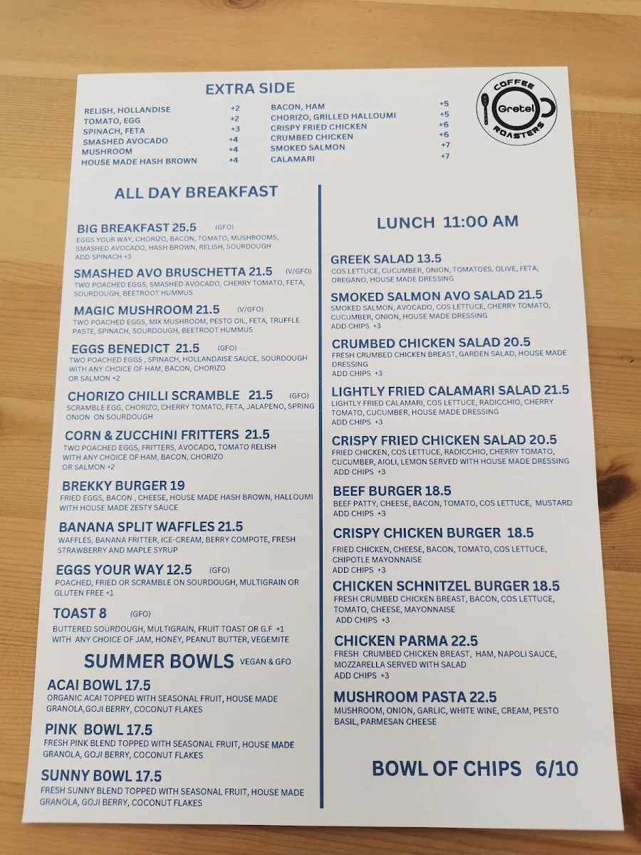 Menu, Gretel Coffee Roasters