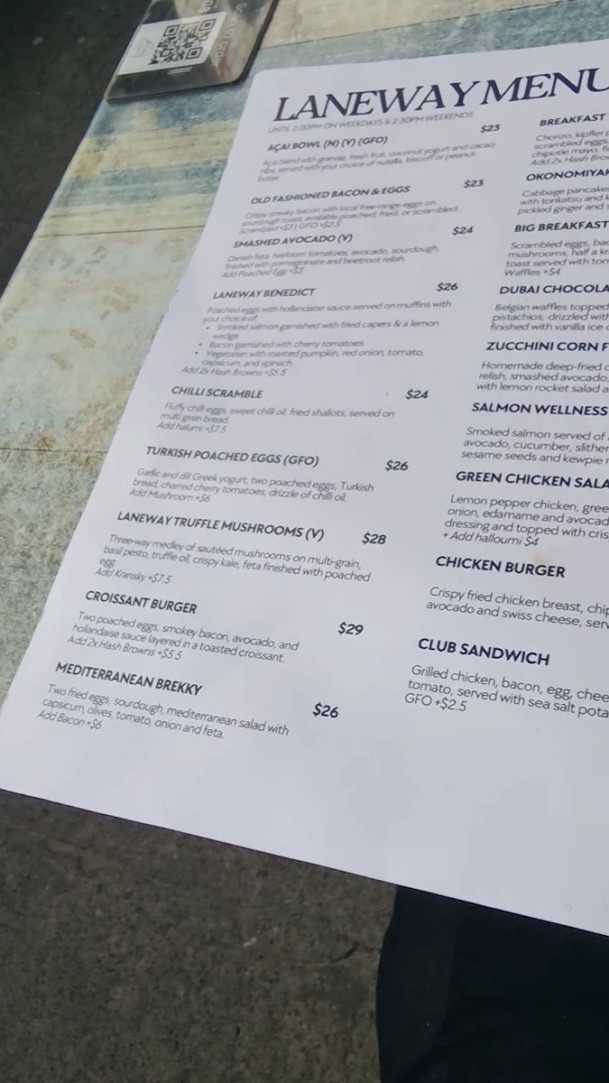 Menu, Laneway Espresso
