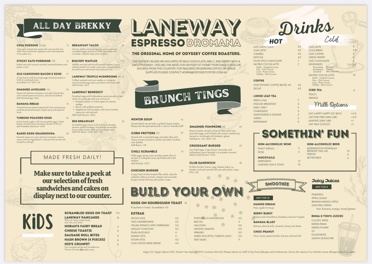 Menu, Laneway Espresso