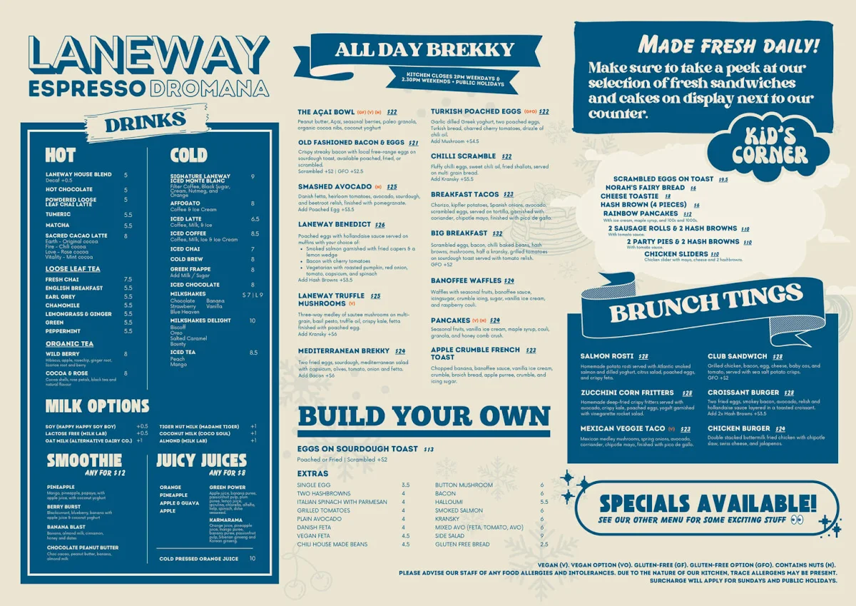 Menu, Laneway Espresso