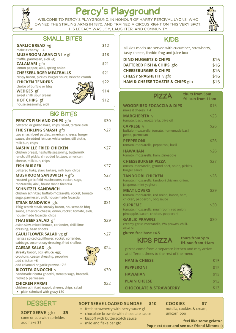 Menu, Percy's Playground