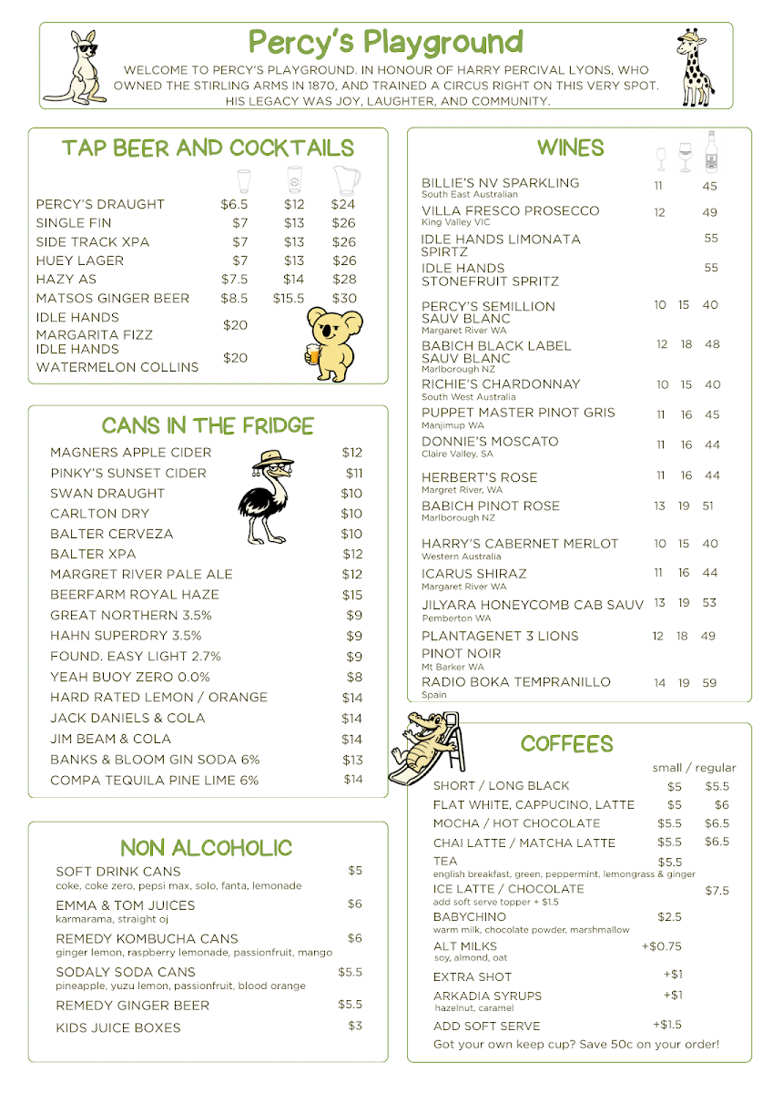 Menu, Percy's Playground