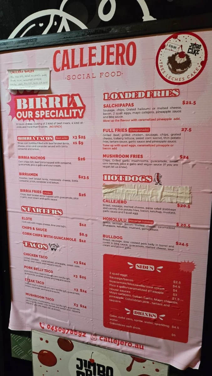 Menu, Callejero Sydney