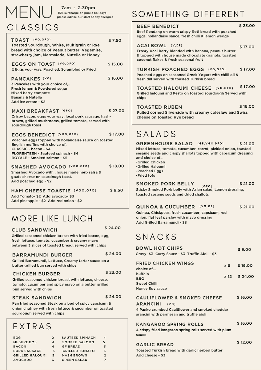 Menu, The Greenhouse