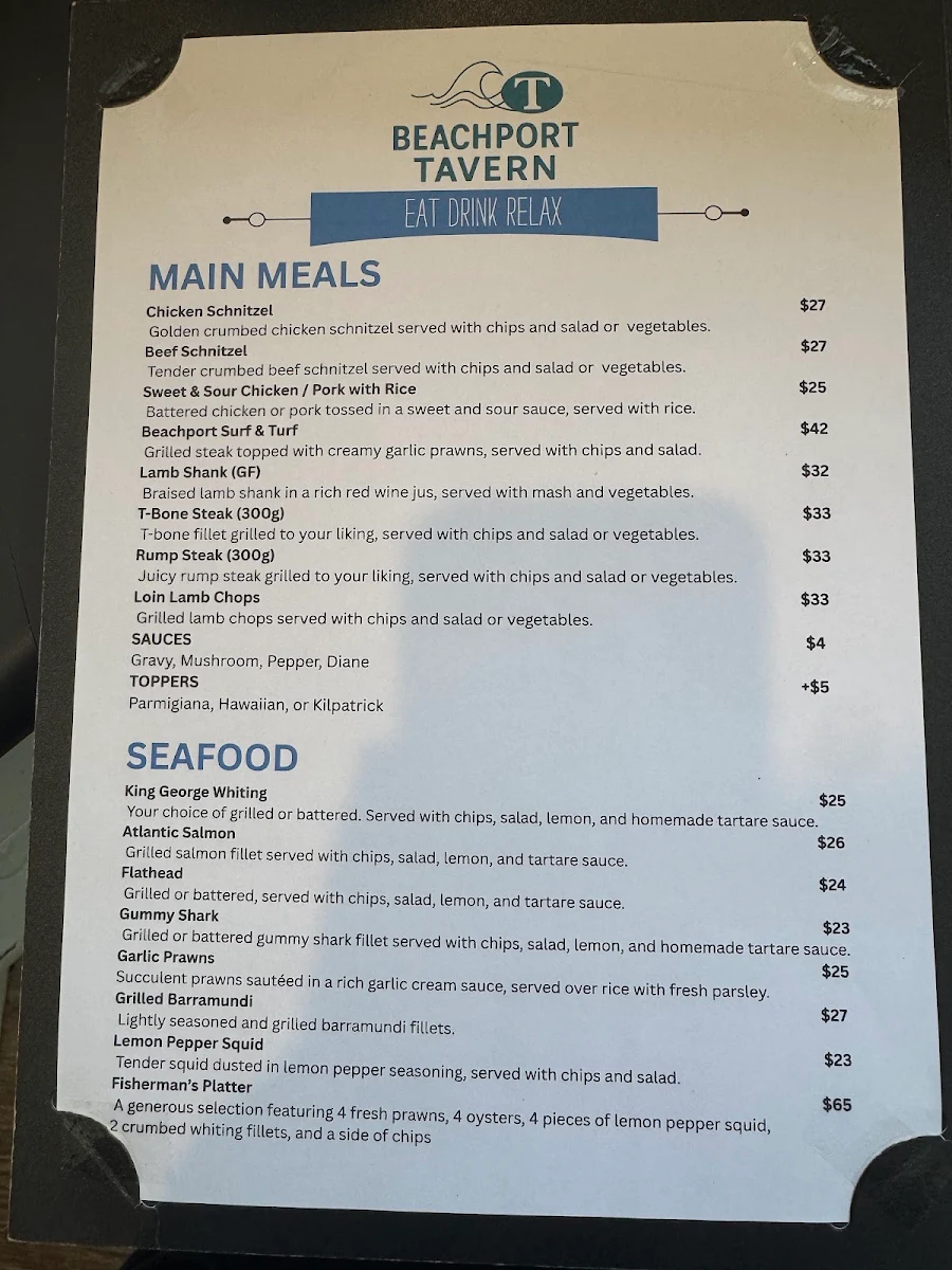 Menu, Beachport Tavern Restaurant & Accommodation