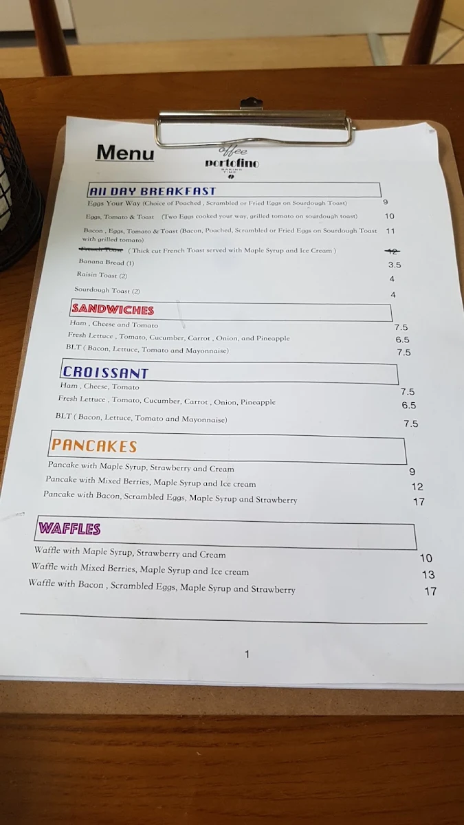 Menu, Coffee Portofino