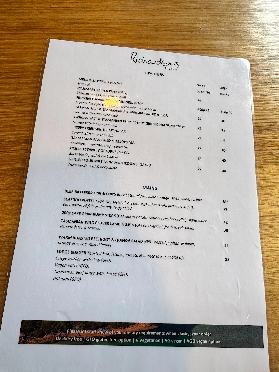 Menu, Richardson's Bistro