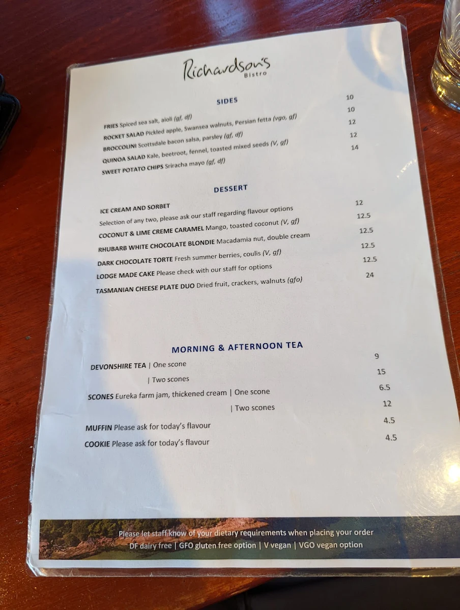 Menu, Richardson's Bistro