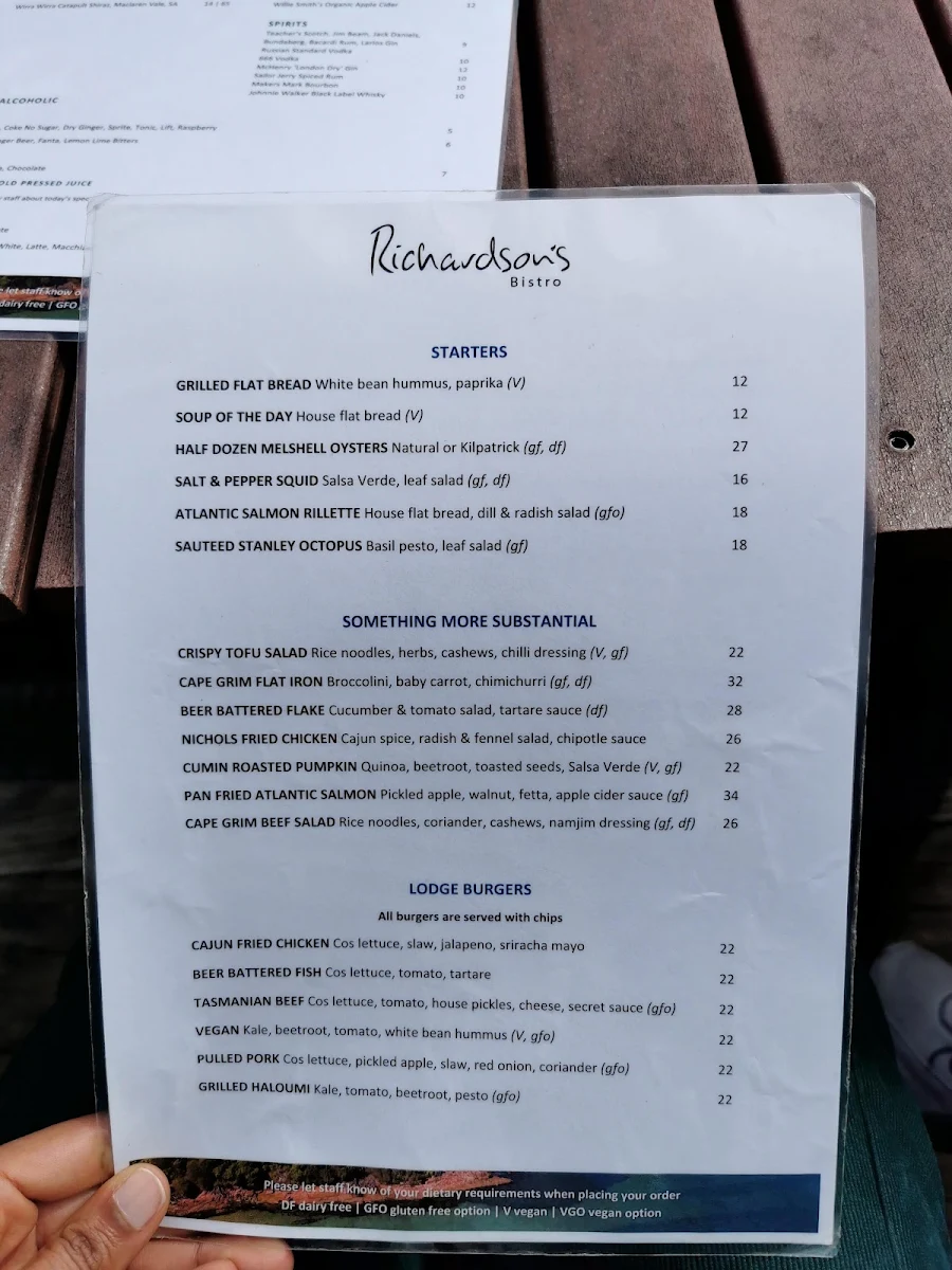 Menu, Richardson's Bistro