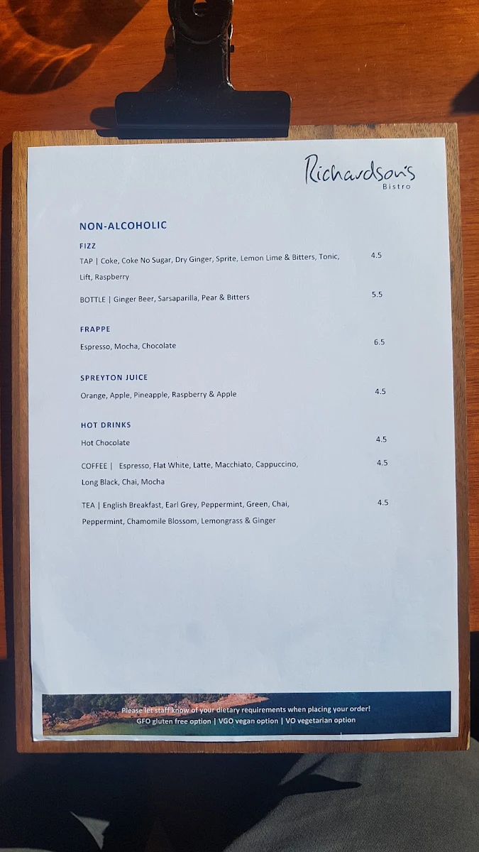Menu, Richardson's Bistro
