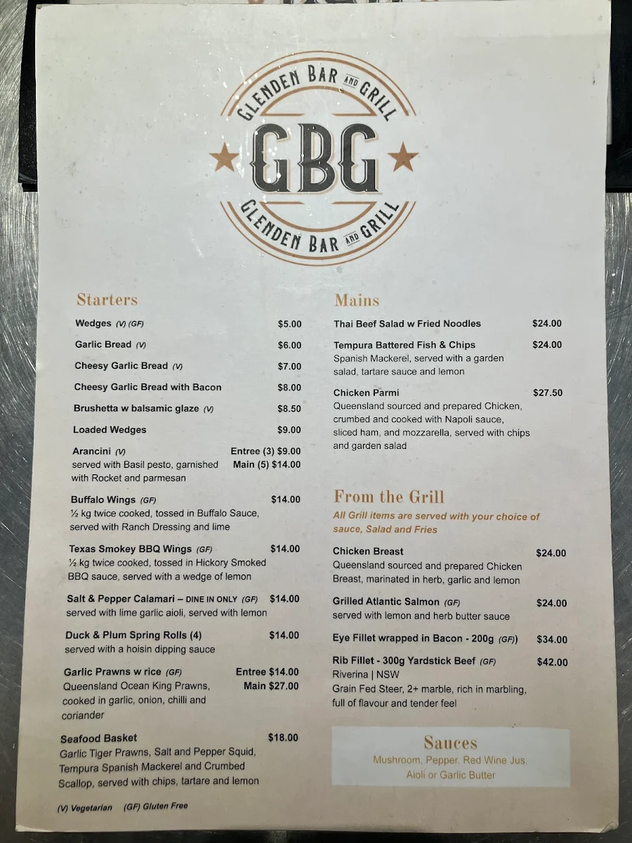 Menu, Glenden Bar and Grill