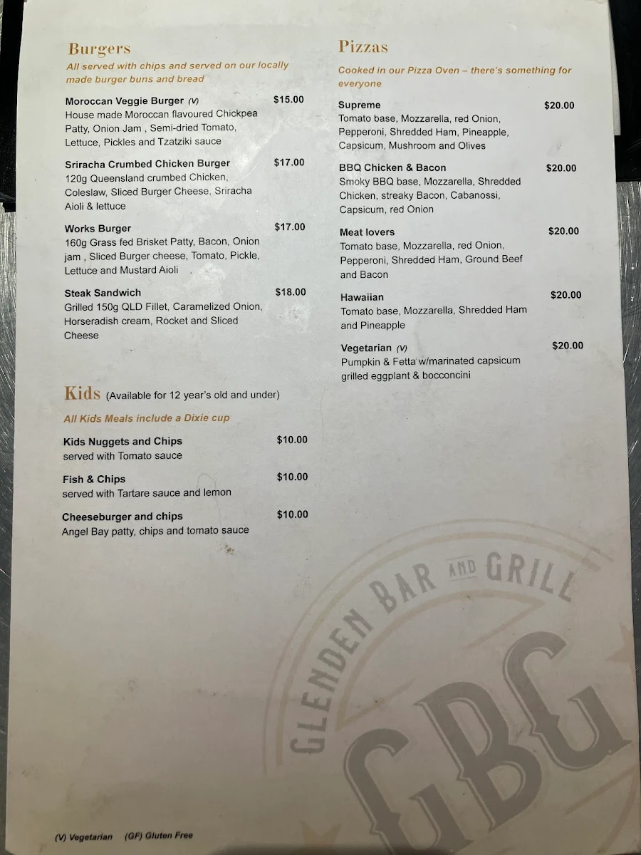 Menu, Glenden Bar and Grill