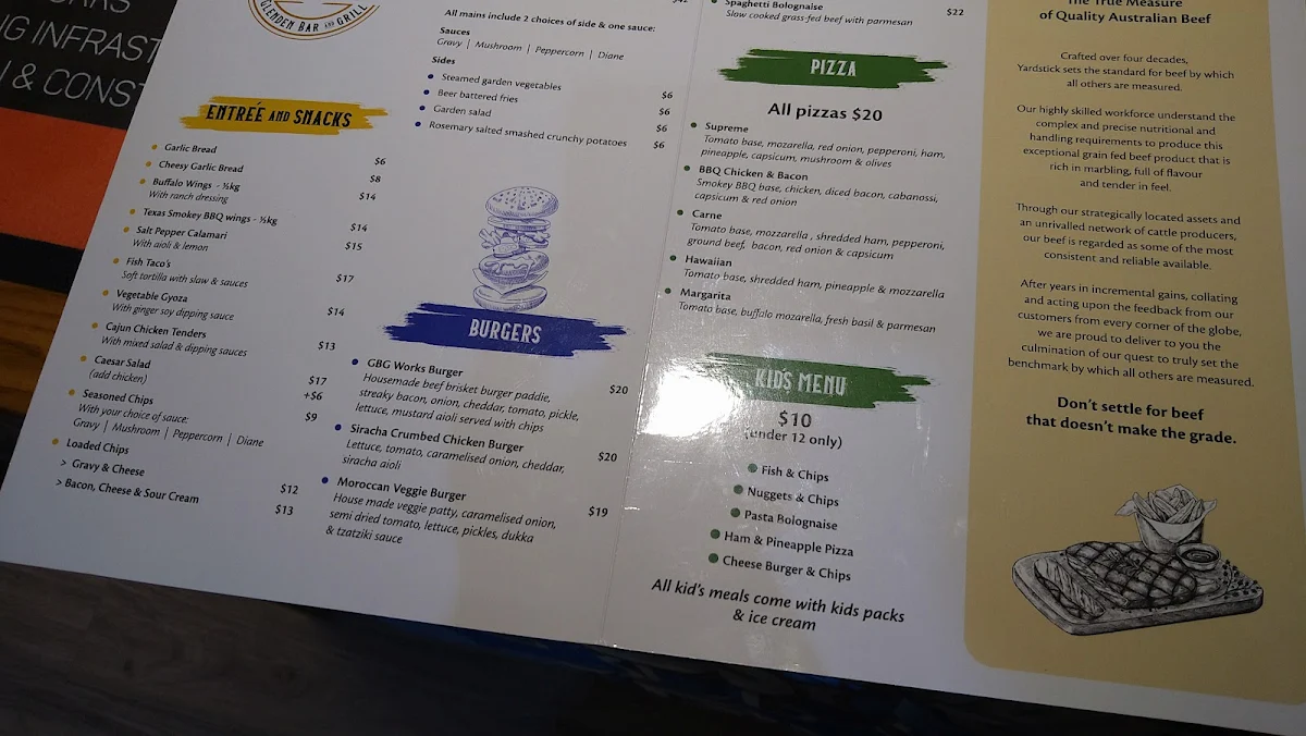 Menu, Glenden Bar and Grill