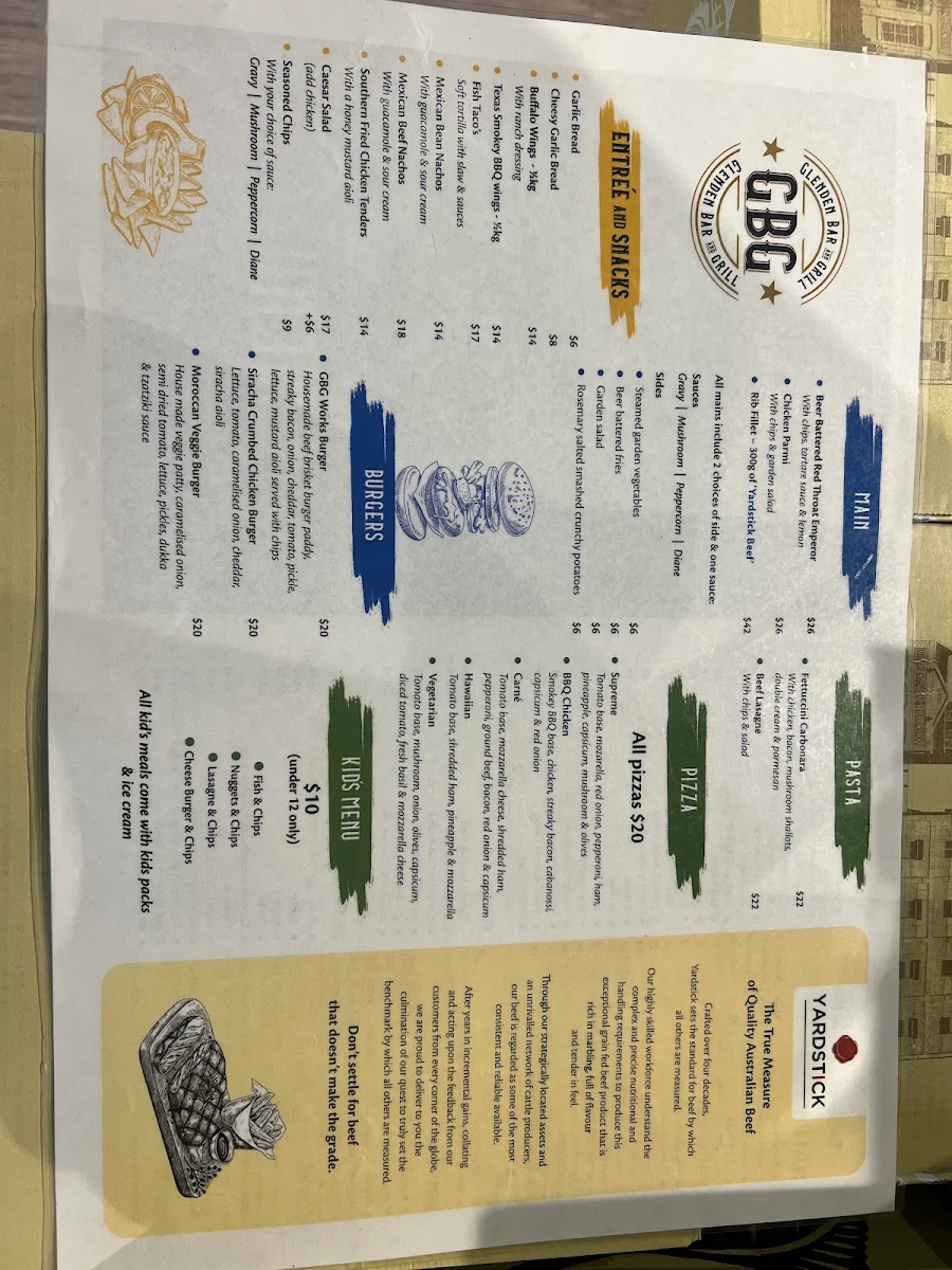 Menu, Glenden Bar and Grill