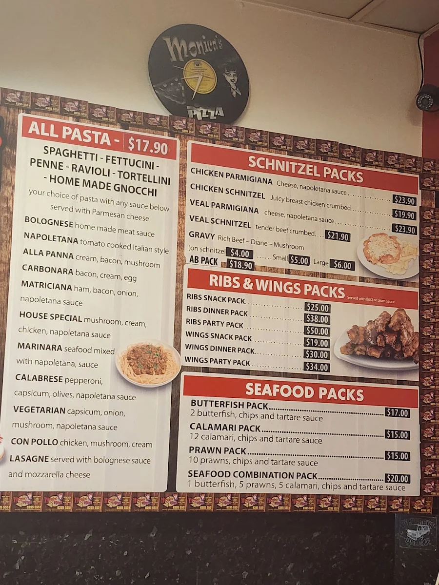 Menu, Monicas Pizza