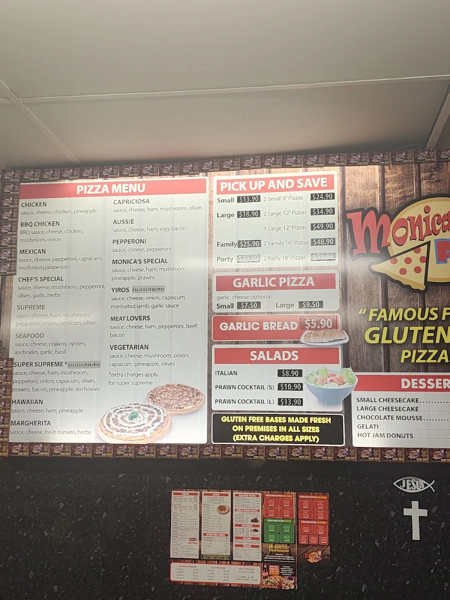 Menu, Monicas Pizza