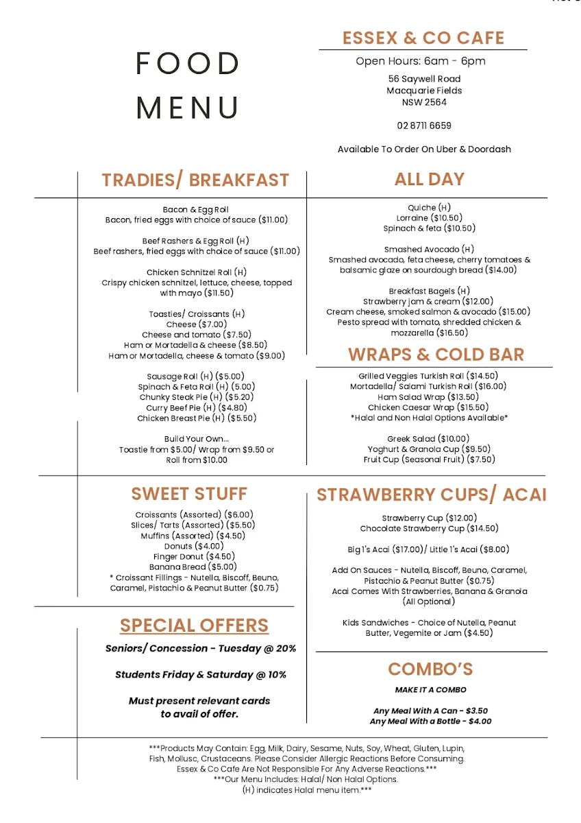 Menu, Essex & Co Cafe