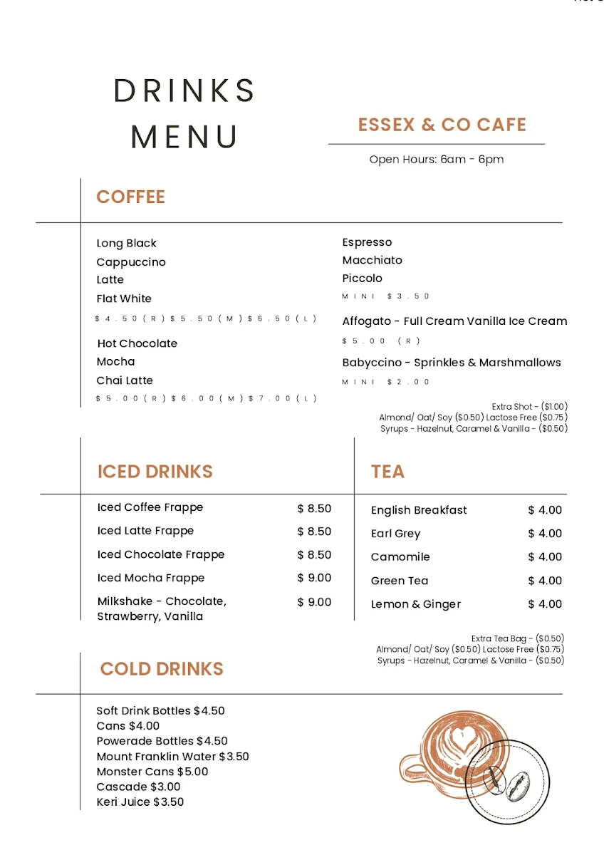 Menu, Essex & Co Cafe