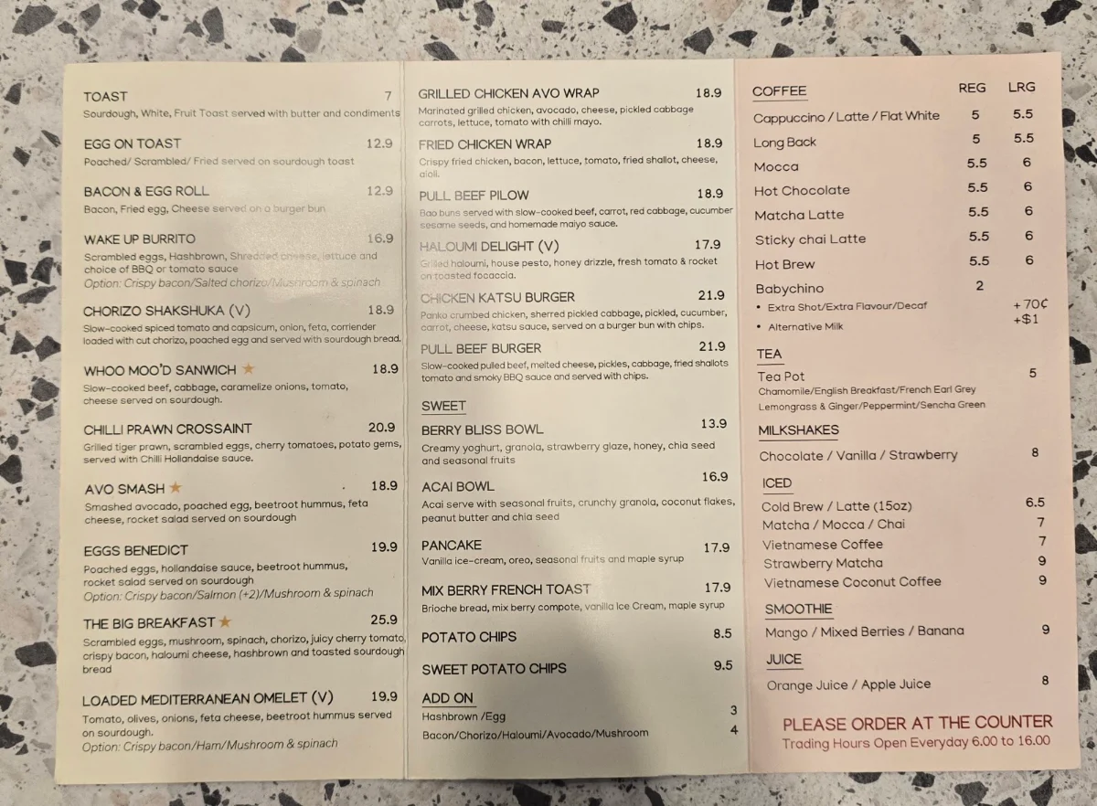 Menu, NS Espresso