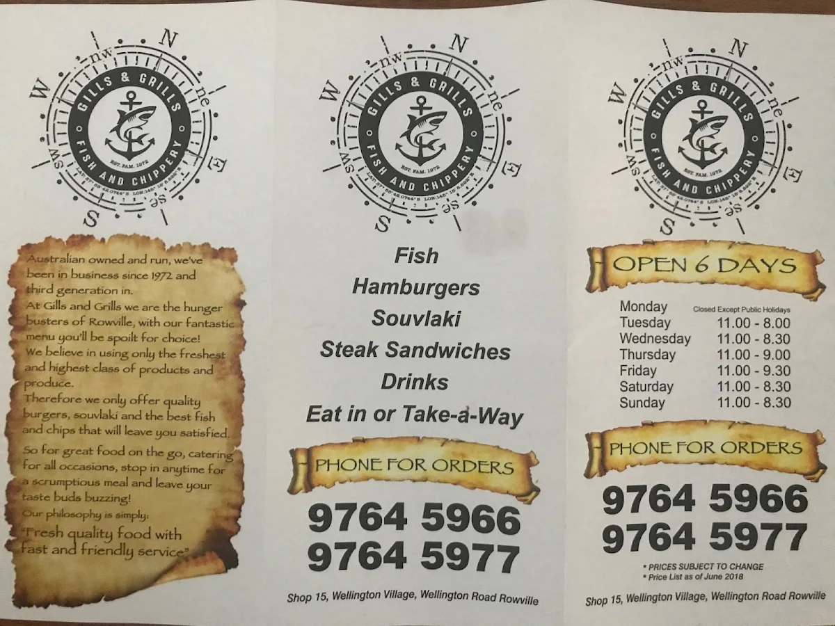 Menu, Gills And Grills