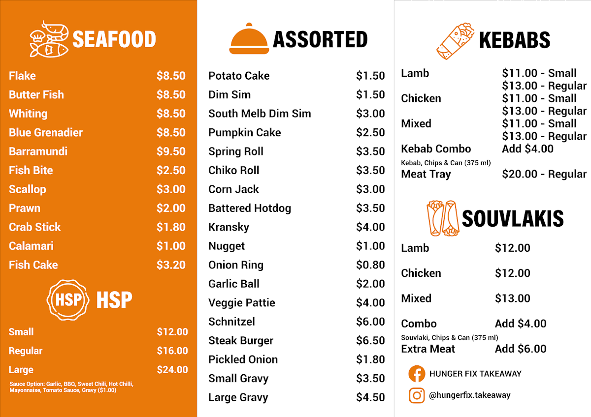 Menu, Hunger Fix Takeaway
