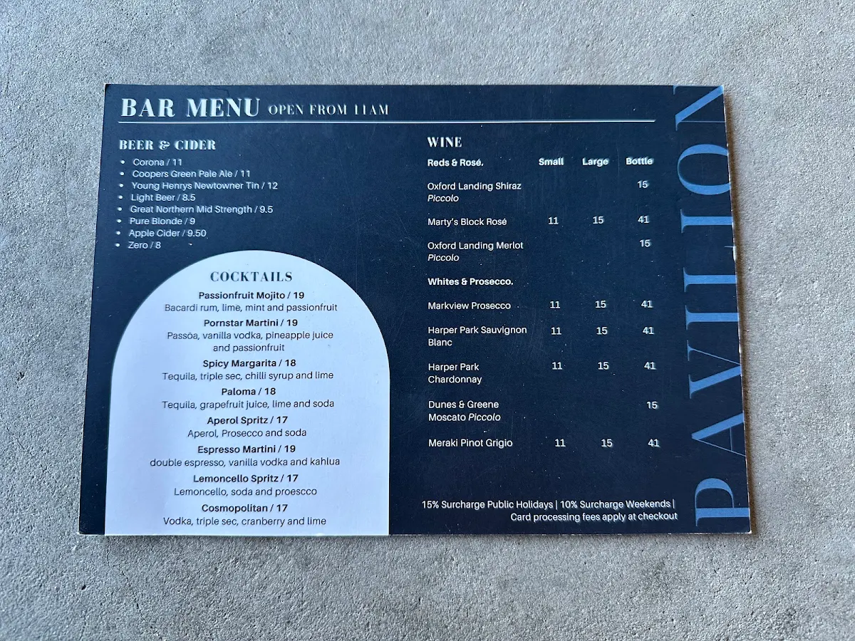 Menu, Thirroul Beach Pavilion